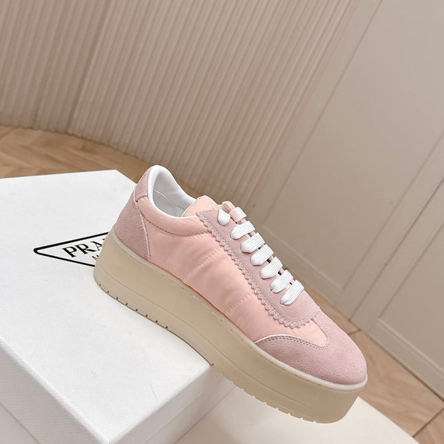 PRADA 26S PLATFORM SNEAKERS 50MM IN BLUSH PINK NYLON AND SUEDE