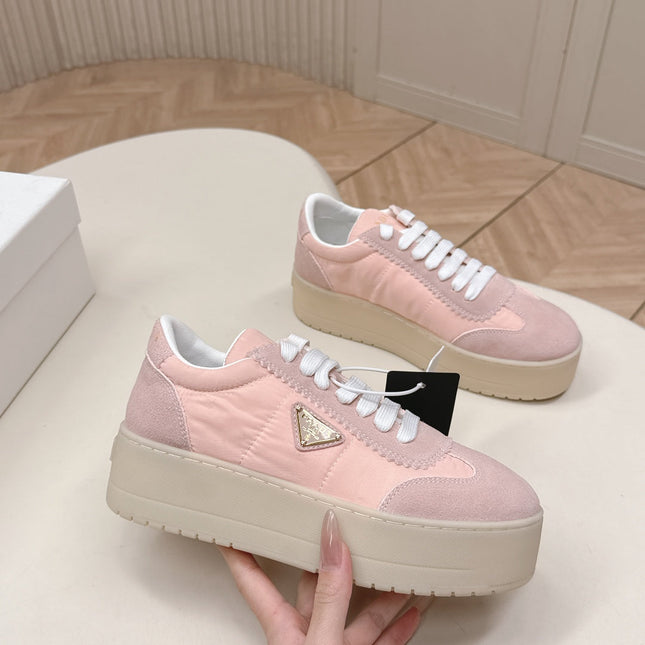 PRADA 26S PLATFORM SNEAKERS 50MM IN BLUSH PINK NYLON AND SUEDE