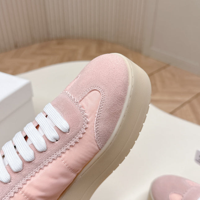 PRADA 26S PLATFORM SNEAKERS 50MM IN BLUSH PINK NYLON AND SUEDE