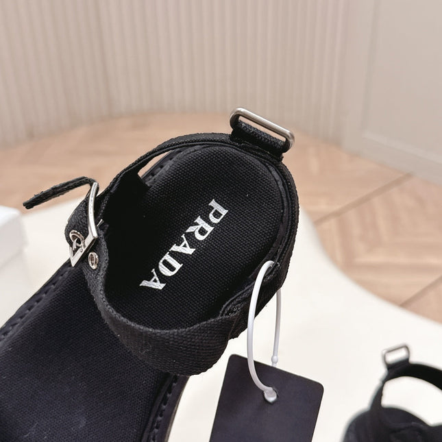 PRADA 26S SINGLE STRAP CHUNKY SOLE SANDALS IN BLACK CANVAS