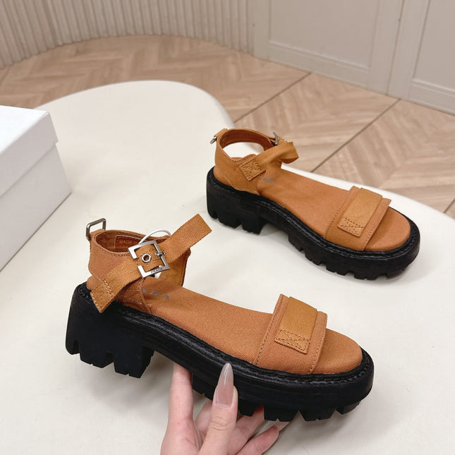 PRADA 26S SINGLE STRAP CHUNKY SOLE SANDALS IN CARAMEL BROWN CANVAS