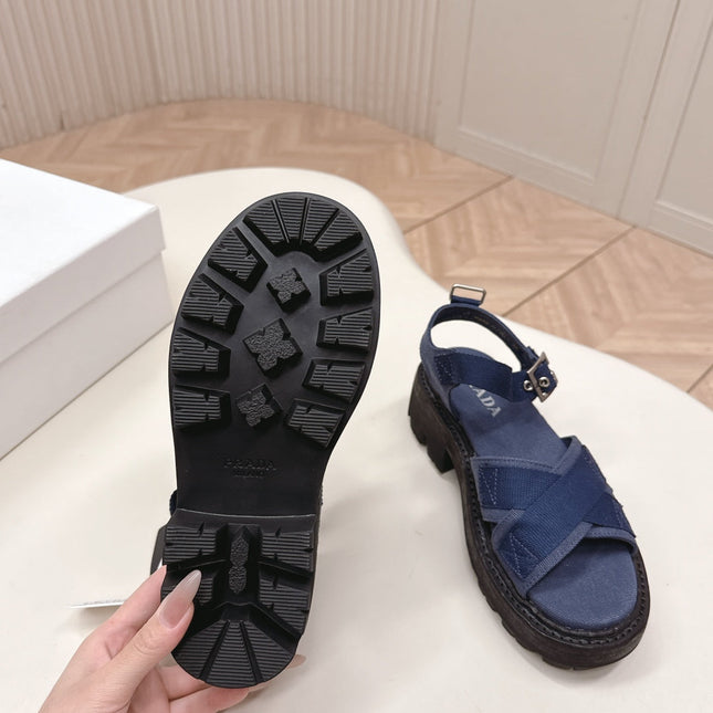 PRADA 26S SINGLE STRAP CHUNKY SOLE SANDALS IN NAVY BLUE CANVAS