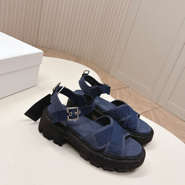 PRADA 26S CROSS STRAP CHUNKY SOLE SANDALS IN NAVY BLUE CANVAS