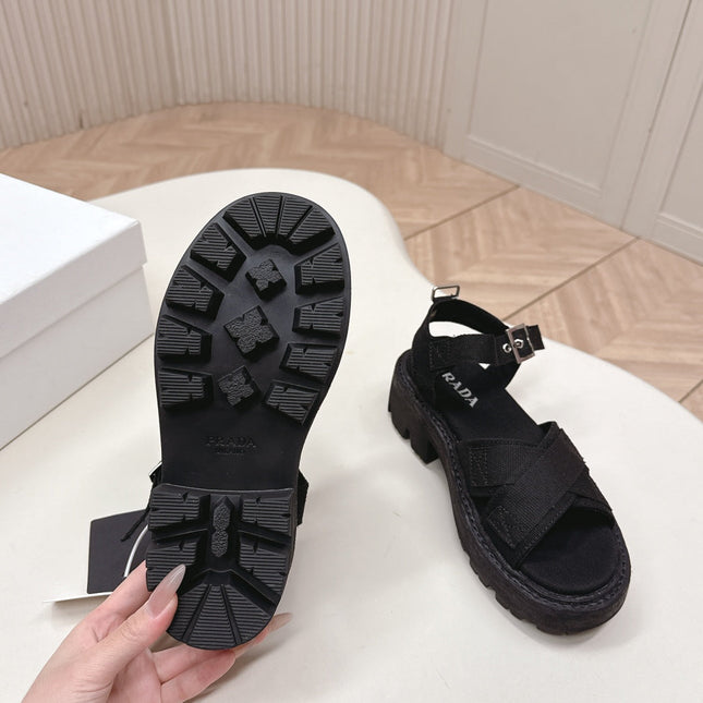 PRADA 26S CROSS STRAP CHUNKY SOLE SANDALS IN BLACK CANVAS
