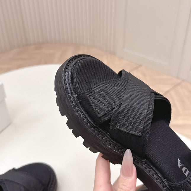 PRADA 26S CROSS STRAP CHUNKY SOLE SANDALS IN BLACK CANVAS
