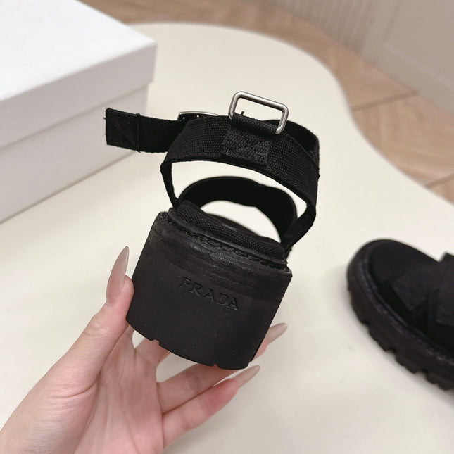 PRADA 26S CROSS STRAP CHUNKY SOLE SANDALS IN BLACK CANVAS