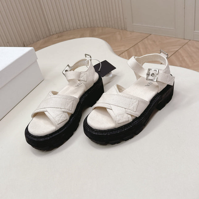 PRADA 26S CROSS STRAP CHUNKY SOLE SANDALS IN WHITE CANVAS