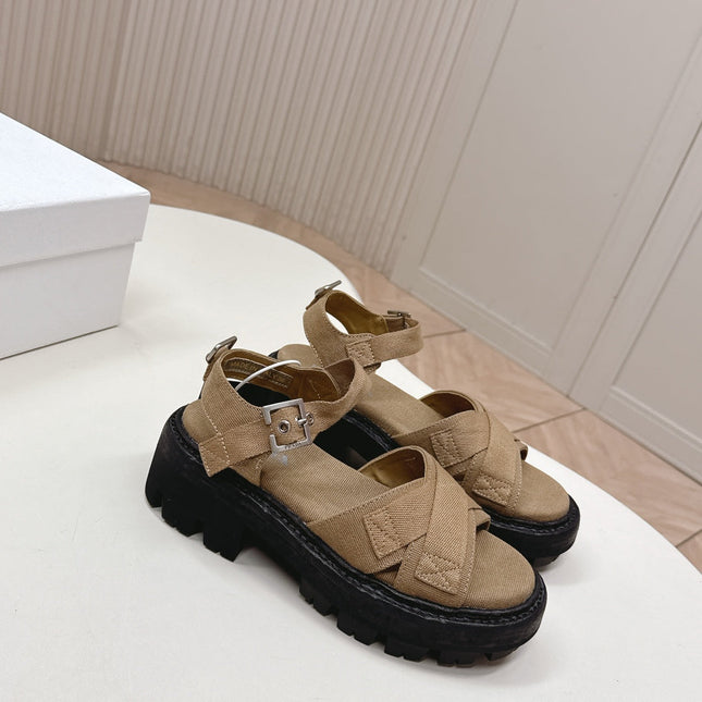 PRADA 26S CROSS STRAP CHUNKY SOLE SANDALS IN BROWN CANVAS
