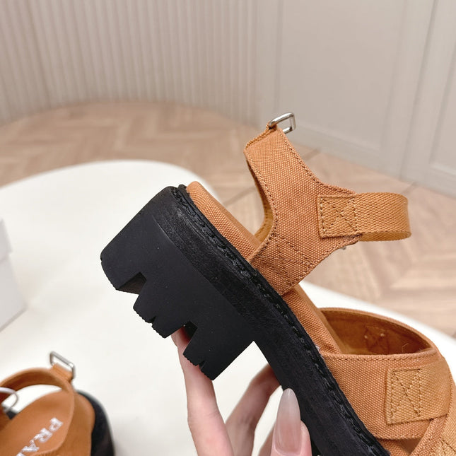 PRADA 26S CROSS STRAP CHUNKY SOLE SANDALS IN CARAMEL BROWN CANVAS