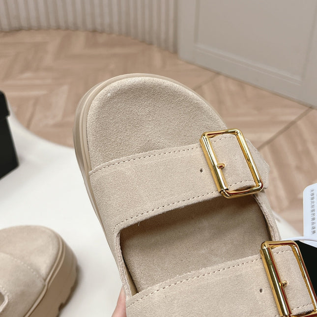 PRADA 26S DOUBLE STRAP PLATFORM SLIDES SANDALS IN BEIGE SUEDE