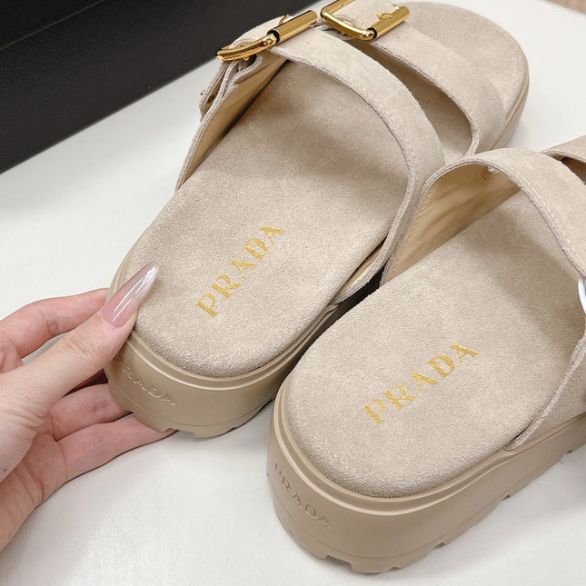 PRADA 26S DOUBLE STRAP PLATFORM SLIDES SANDALS IN BEIGE SUEDE