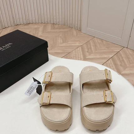 PRADA 26S DOUBLE STRAP PLATFORM SLIDES SANDALS IN BEIGE SUEDE