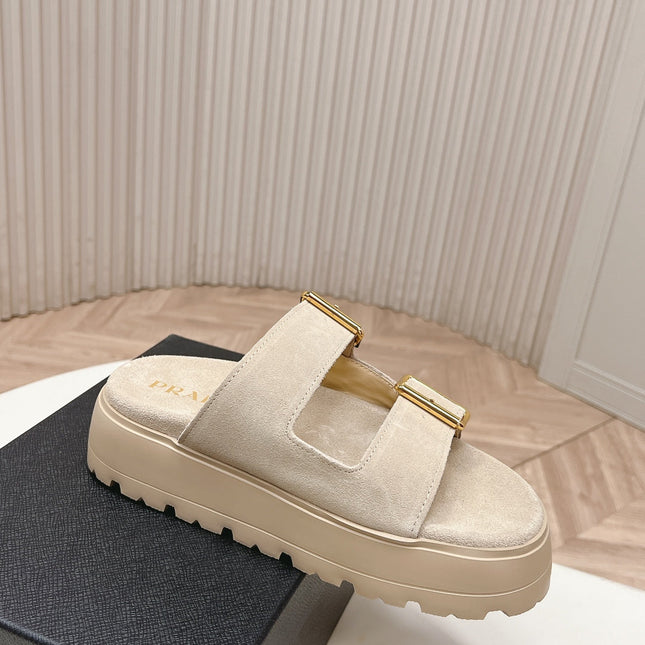 PRADA 26S DOUBLE STRAP PLATFORM SLIDES SANDALS IN BEIGE SUEDE