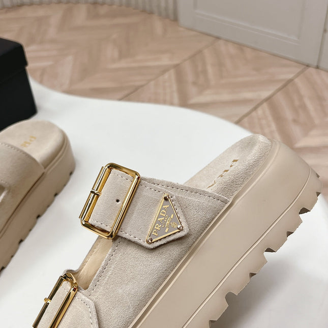 PRADA 26S DOUBLE STRAP PLATFORM SLIDES SANDALS IN BEIGE SUEDE