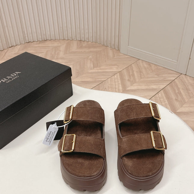 PRADA 26S DOUBLE STRAP PLATFORM SLIDES SANDALS IN BROWN SUEDE