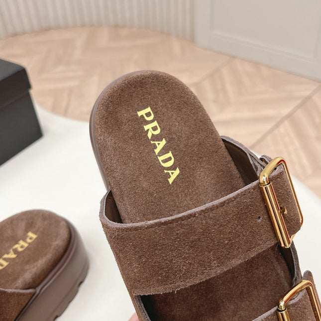 PRADA 26S DOUBLE STRAP PLATFORM SLIDES SANDALS IN BROWN SUEDE
