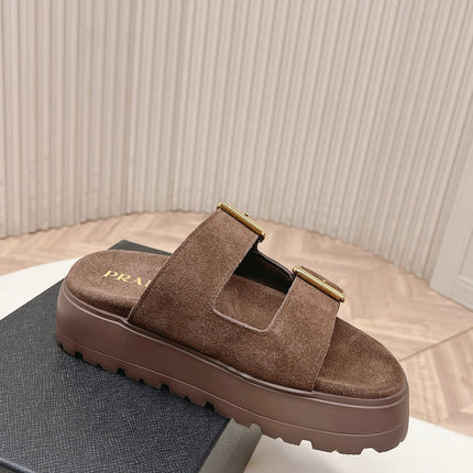 PRADA 26S DOUBLE STRAP PLATFORM SLIDES SANDALS IN BROWN SUEDE