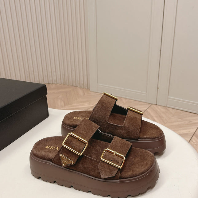 PRADA 26S DOUBLE STRAP PLATFORM SLIDES SANDALS IN BROWN SUEDE