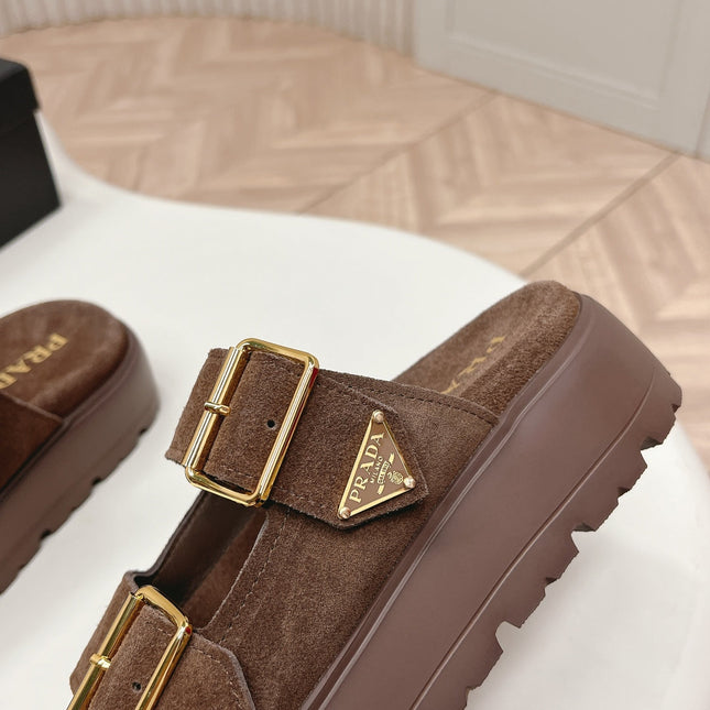 PRADA 26S DOUBLE STRAP PLATFORM SLIDES SANDALS IN BROWN SUEDE