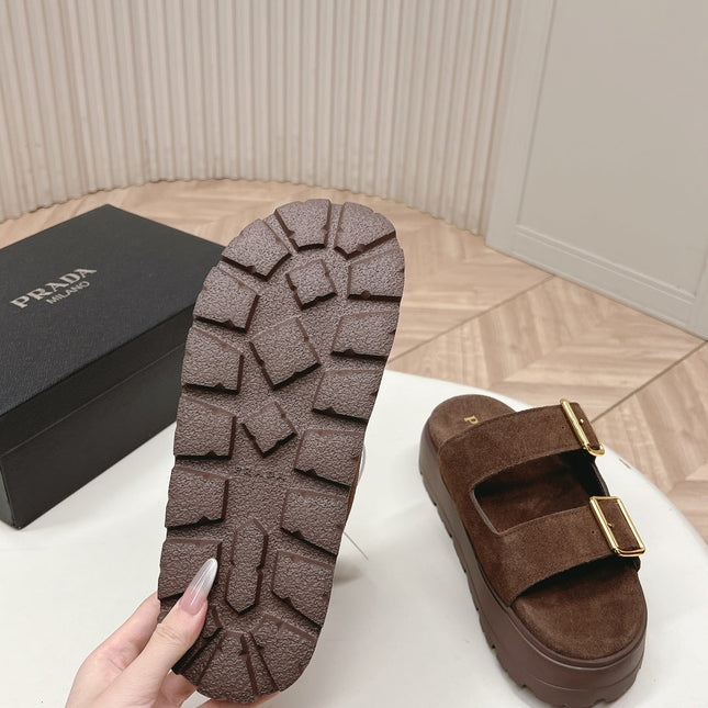 PRADA 26S DOUBLE STRAP PLATFORM SLIDES SANDALS IN BROWN SUEDE
