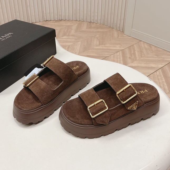 PRADA 26S DOUBLE STRAP PLATFORM SLIDES SANDALS IN BROWN SUEDE