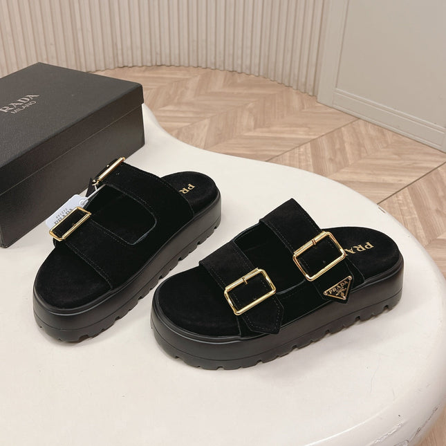 PRADA 26S DOUBLE STRAP PLATFORM SLIDES SANDALS IN BLACK SUEDE
