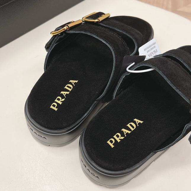 PRADA 26S DOUBLE STRAP PLATFORM SLIDES SANDALS IN BLACK SUEDE