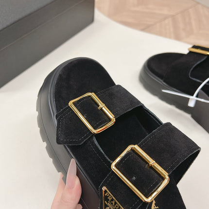 PRADA 26S DOUBLE STRAP PLATFORM SLIDES SANDALS IN BLACK SUEDE