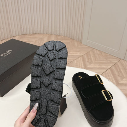 PRADA 26S DOUBLE STRAP PLATFORM SLIDES SANDALS IN BLACK SUEDE