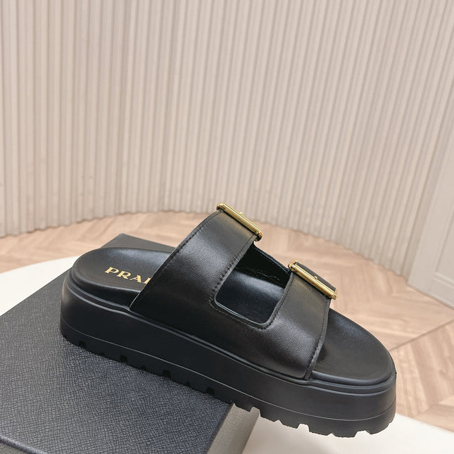 PRADA 26S DOUBLE STRAP PLATFORM SLIDES SANDALS IN BLACK CALFSKIN