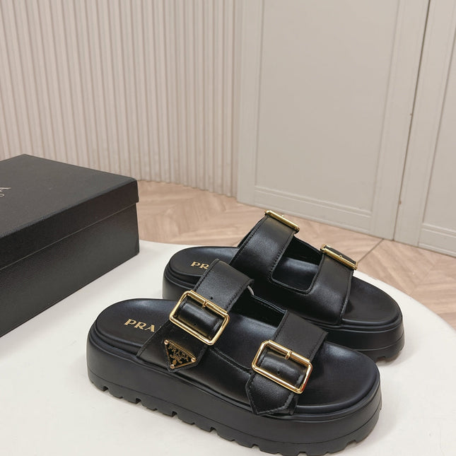 PRADA 26S DOUBLE STRAP PLATFORM SLIDES SANDALS IN BLACK CALFSKIN