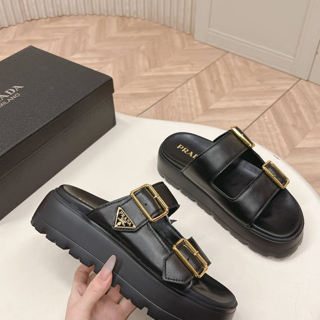 PRADA 26S DOUBLE STRAP PLATFORM SLIDES SANDALS IN BLACK CALFSKIN