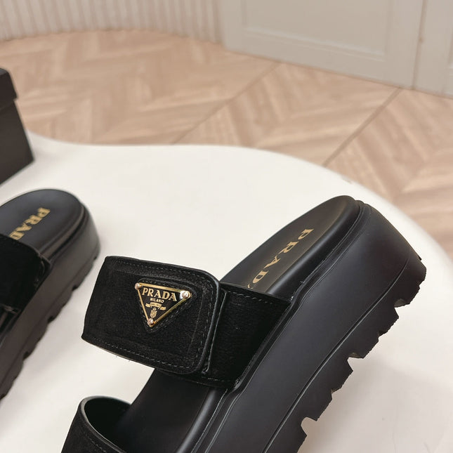 PRADA 26S DOUBLE STRAP PLATFORM SLIDES IN BLACK CALFSKIN WITH VELCRO