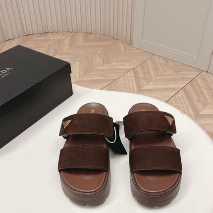PRADA 26S DOUBLE STRAP PLATFORM SLIDES IN BROWN CALFSKIN WITH VELCRO
