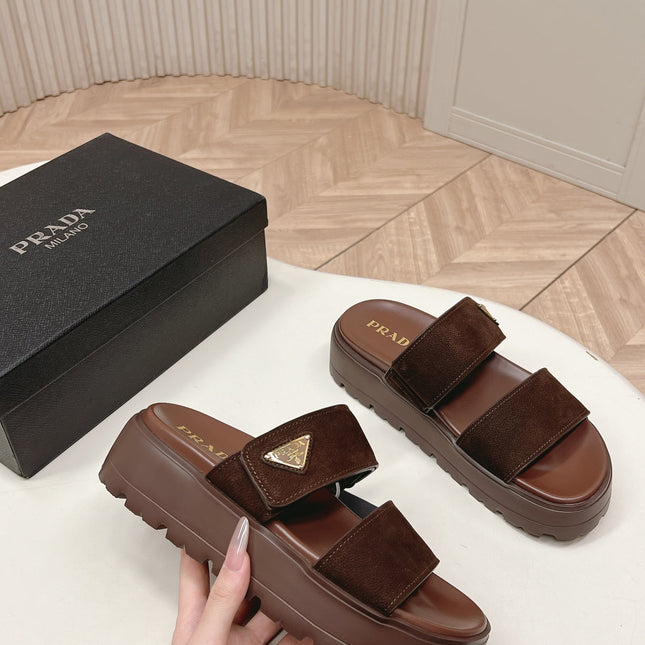 PRADA 26S DOUBLE STRAP PLATFORM SLIDES IN BROWN CALFSKIN WITH VELCRO