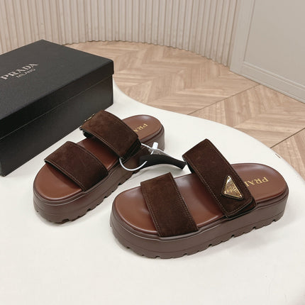 PRADA 26S DOUBLE STRAP PLATFORM SLIDES IN BROWN CALFSKIN WITH VELCRO
