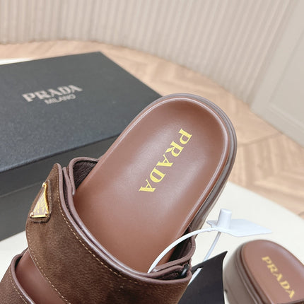 PRADA 26S DOUBLE STRAP PLATFORM SLIDES IN BROWN CALFSKIN WITH VELCRO