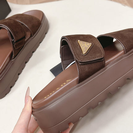 PRADA 26S DOUBLE STRAP PLATFORM SLIDES IN BROWN CALFSKIN WITH VELCRO