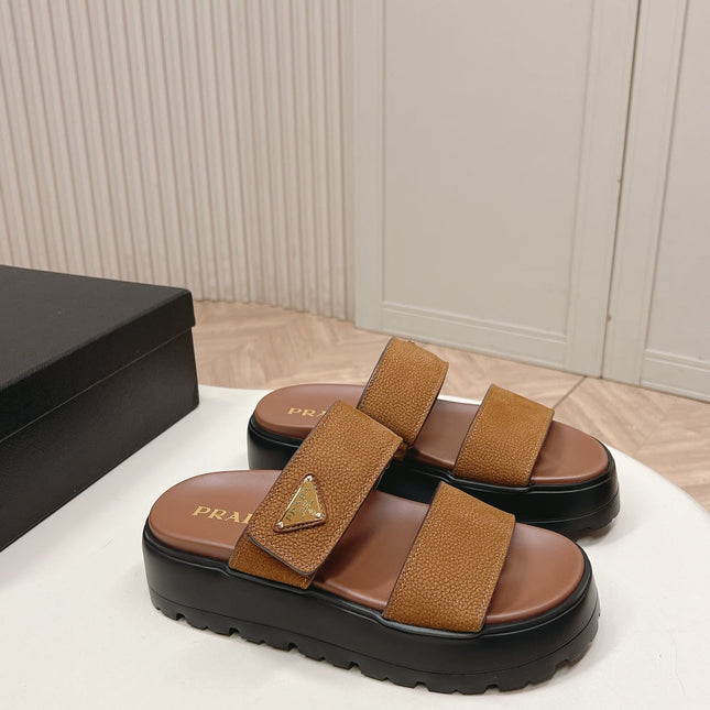 PRADA 26S DOUBLE STRAP PLATFORM SLIDES IN CARAMEL BROWN CALFSKIN WITH VELCRO