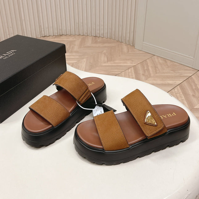 PRADA 26S DOUBLE STRAP PLATFORM SLIDES IN CARAMEL BROWN CALFSKIN WITH VELCRO