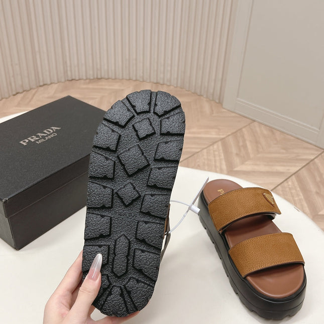 PRADA 26S DOUBLE STRAP PLATFORM SLIDES IN CARAMEL BROWN CALFSKIN WITH VELCRO