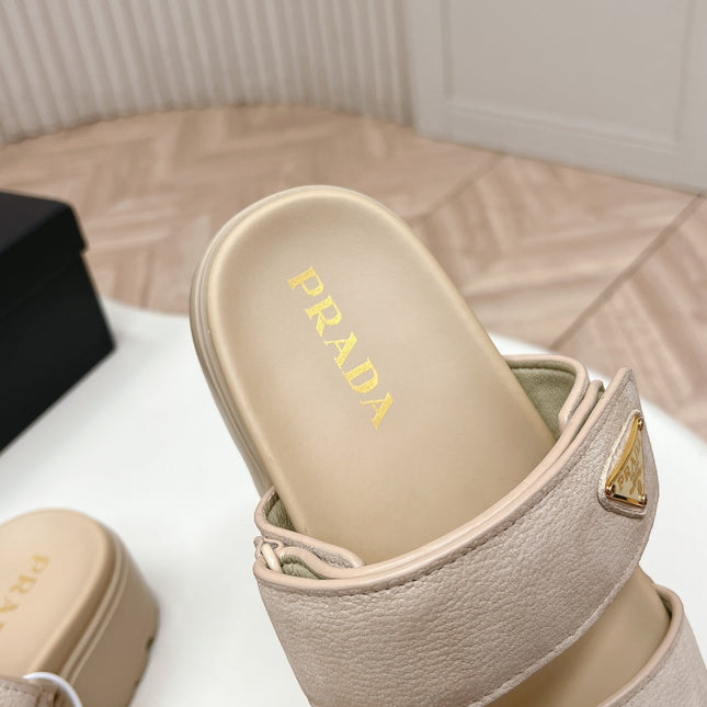 PRADA 26S DOUBLE STRAP PLATFORM SLIDES IN BEIGE CALFSKIN WITH VELCRO