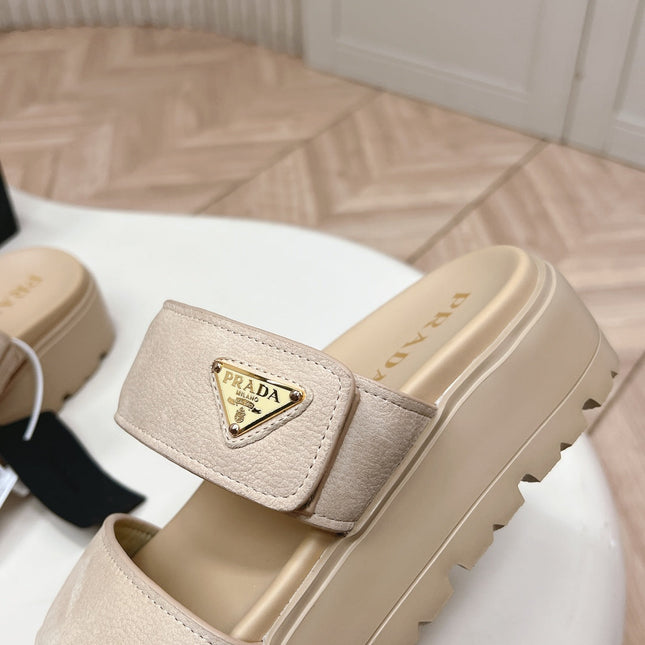 PRADA 26S DOUBLE STRAP PLATFORM SLIDES IN BEIGE CALFSKIN WITH VELCRO