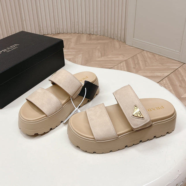 PRADA 26S DOUBLE STRAP PLATFORM SLIDES IN BEIGE CALFSKIN WITH VELCRO