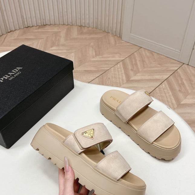 PRADA 26S DOUBLE STRAP PLATFORM SLIDES IN BEIGE CALFSKIN WITH VELCRO