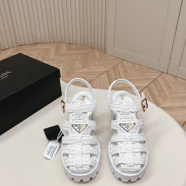 PRADA 26S HEELED FISHERMAN SANDALS IN WHITE RAFFIA AND CALFSKIN