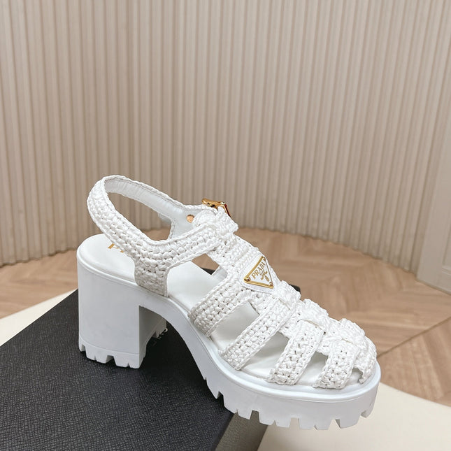 PRADA 26S HEELED FISHERMAN SANDALS IN WHITE RAFFIA AND CALFSKIN