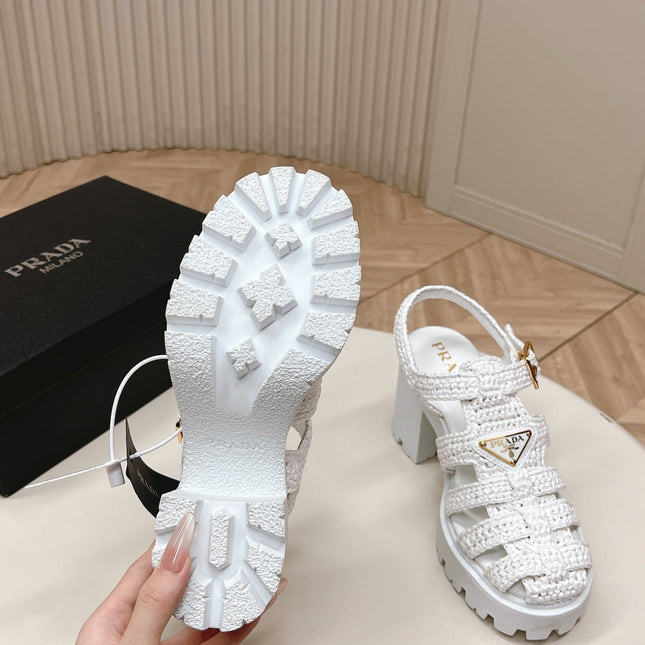 PRADA 26S HEELED FISHERMAN SANDALS IN WHITE RAFFIA AND CALFSKIN