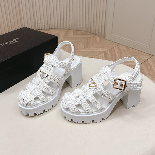 PRADA 26S HEELED FISHERMAN SANDALS IN WHITE RAFFIA AND CALFSKIN