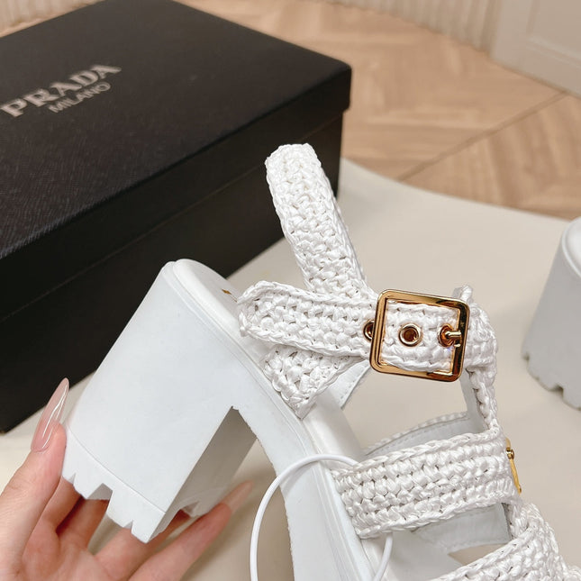 PRADA 26S HEELED FISHERMAN SANDALS IN WHITE RAFFIA AND CALFSKIN